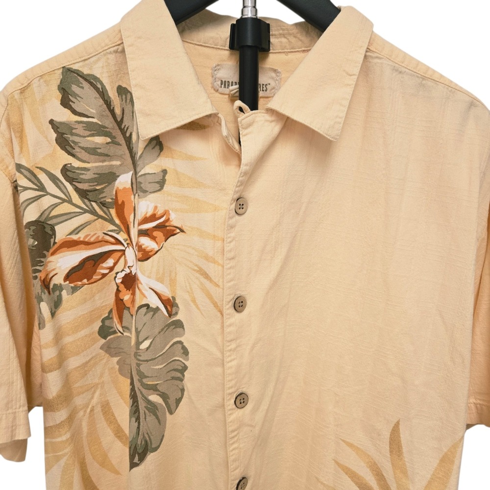 Paradise Shores Mens Large Yellow Tropical Floral Cotton Rayon Hawaiian Shirt